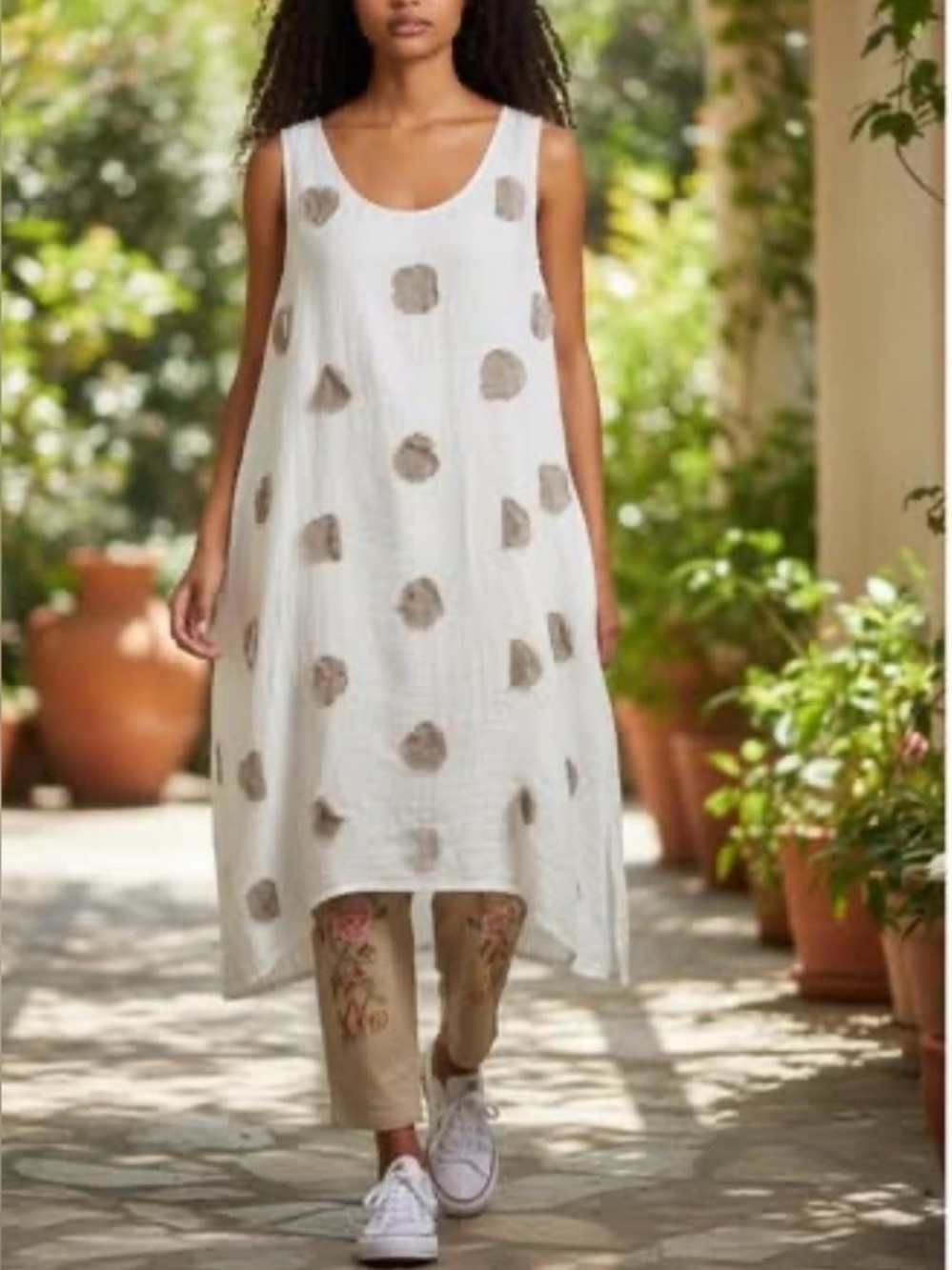 Sleeveless White Midi Dress with Taupe Dot Detail